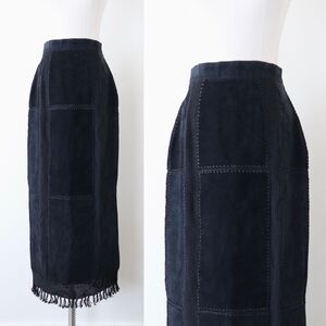 Vintage 1990s Suede Patchwork Crochet Boho Maxi Skirt Fringe Black